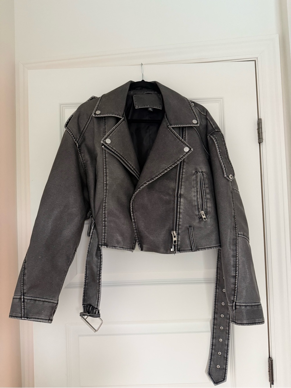 Cropped Women's Faux Leather Moto Jacket - Charcoal Gray